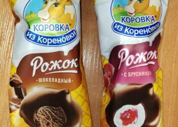 Товар Рожок Коровка из Кореновки пломбир ванильный с брусникойшоколадный гр БЗМЖ